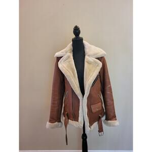 Kara Hub Vegan Shearling Aviator Jacket Brown Faux Leather Biker Coat Small